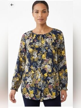 J.Jill Women Long Sleeve Blouse Round Neck, Yellow Floral Print Size L